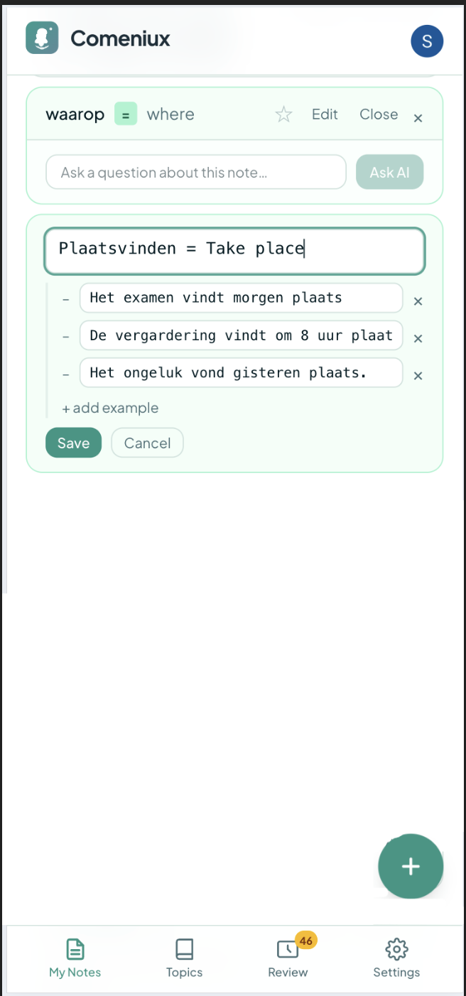 Comeniux note editor showing Dutch vocabulary and example sentences